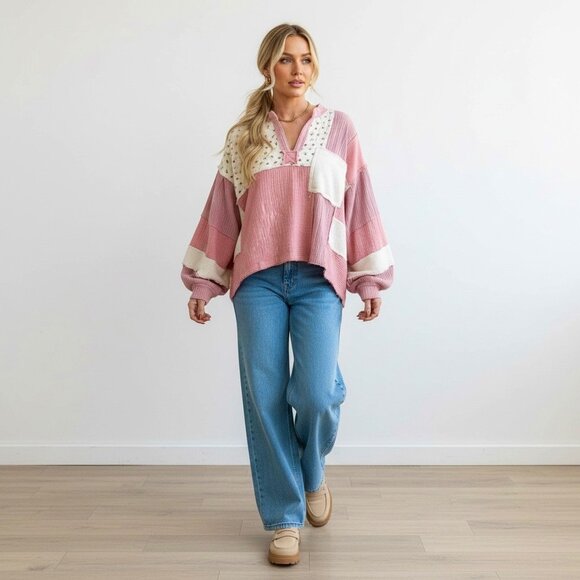 POL Womens Oversized Quilted Floral Patchwork Top SZ S Pink Cottage Boho - Picture 2 of 14